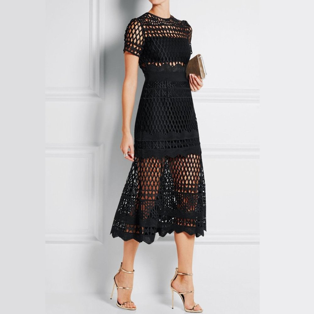 Self-Portrait Lattice Lace Cutout Formal Black Midi Dress Size 6 Worn Once